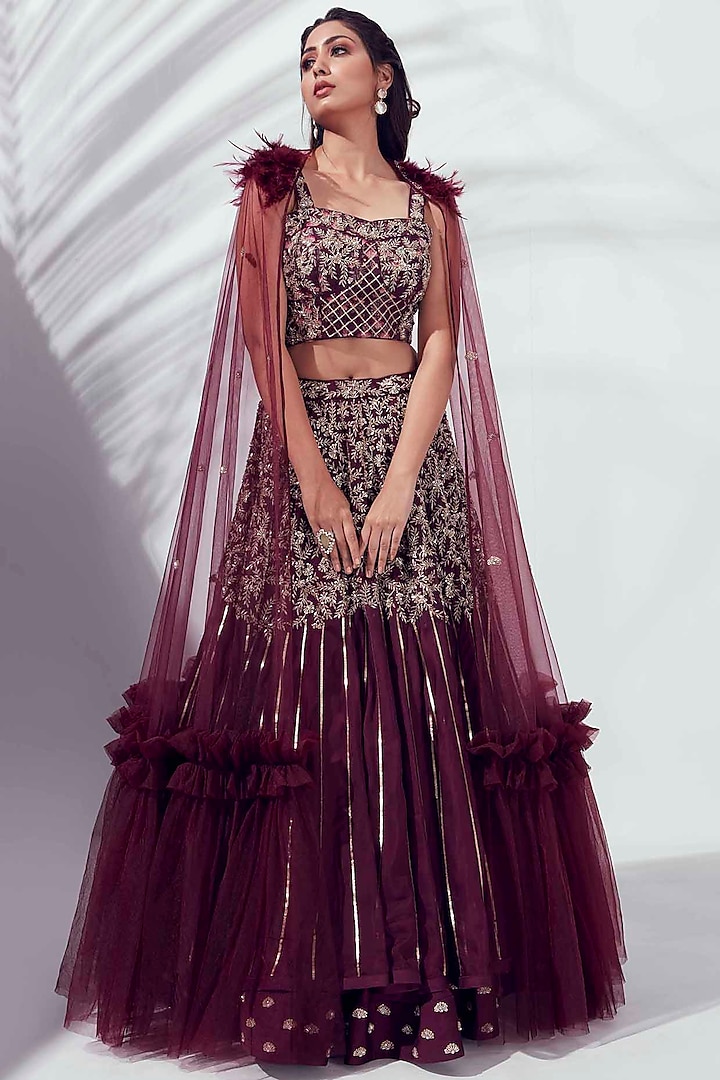 Wine Layered Wedding Lehenga Set by Suruchi Parakh at Pernia's Pop Up Shop