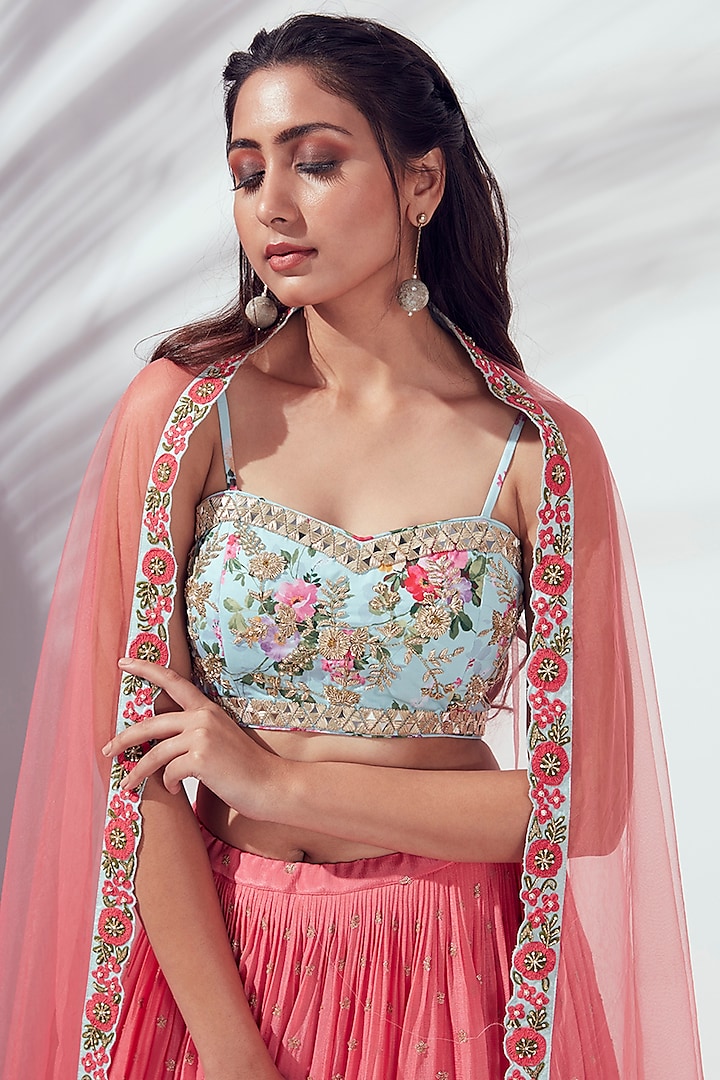 Coral Pleated Wedding Lehenga Set by Suruchi Parakh at Pernia's Pop Up Shop