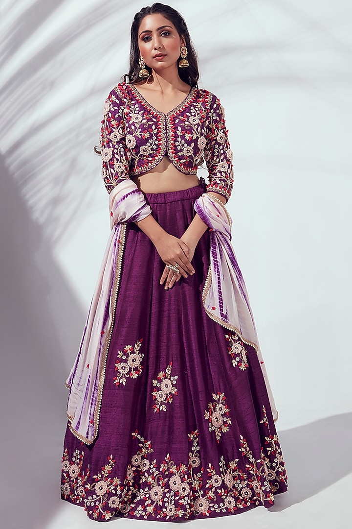 Rich Purple Embossed Wedding Lehenga Set by Suruchi Parakh at Pernia's Pop Up Shop