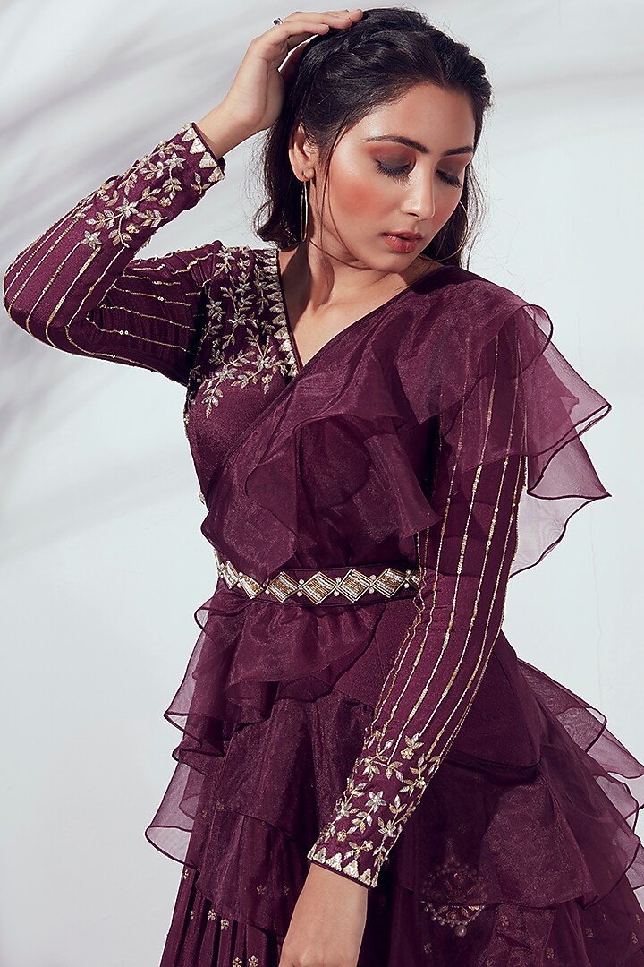Wine Pleated Wedding Lehenga Set by Suruchi Parakh at Pernia's Pop Up Shop