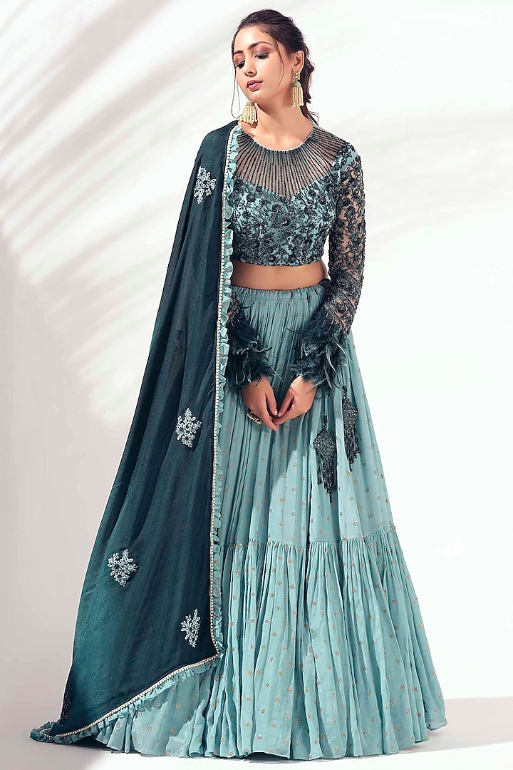 Ice Green Layered Lehenga Set by Suruchi Parakh