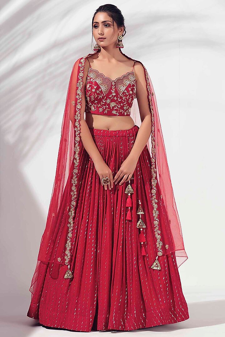 Burgundy Georgette & Tussar Silk Pleated Wedding Lehenga Set by Suruchi Parakh at Pernia's Pop Up Shop