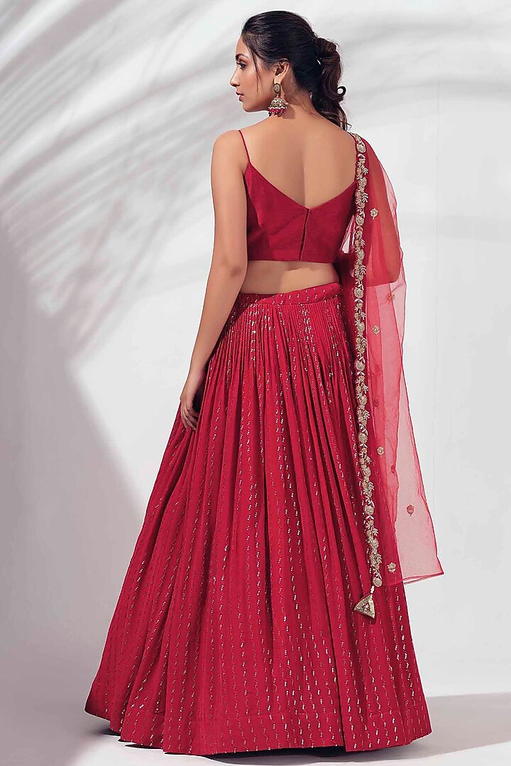 Burgundy Georgette & Tussar Silk Pleated Wedding Lehenga Set by Suruchi Parakh at Pernia's Pop Up Shop
