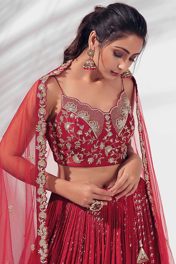 Burgundy Georgette & Tussar Silk Pleated Wedding Lehenga Set by Suruchi Parakh at Pernia's Pop Up Shop