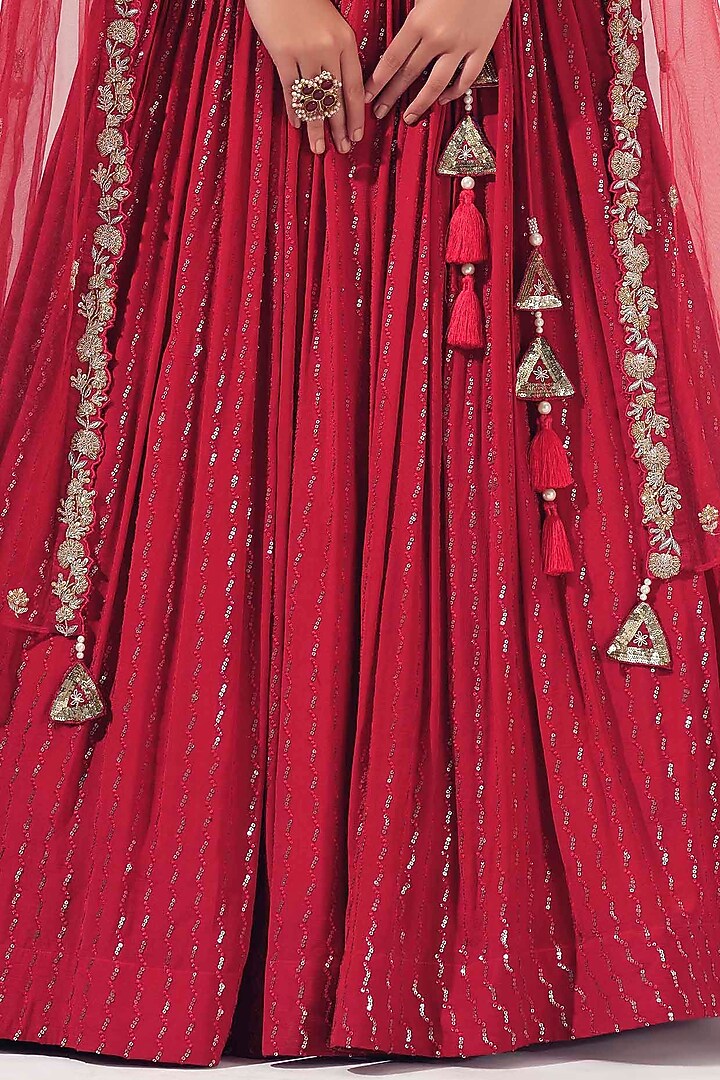 Burgundy Georgette & Tussar Silk Pleated Wedding Lehenga Set by Suruchi Parakh at Pernia's Pop Up Shop