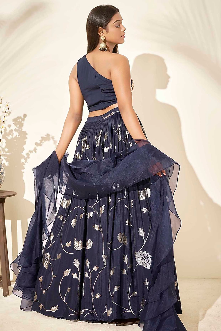 Navy Blue Georgette Crepe Pleated Wedding Lehenga Set by Suruchi Parakh at Pernia's Pop Up Shop