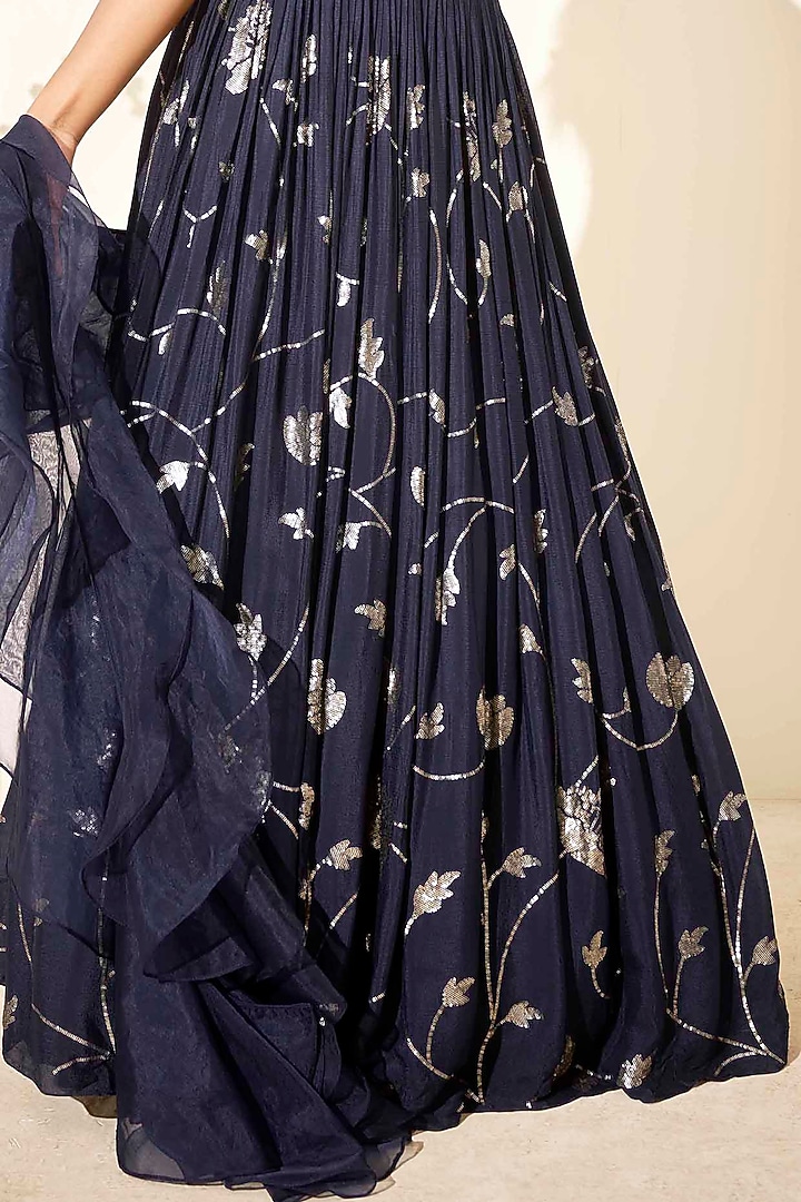Navy Blue Georgette Crepe Pleated Wedding Lehenga Set by Suruchi Parakh at Pernia's Pop Up Shop