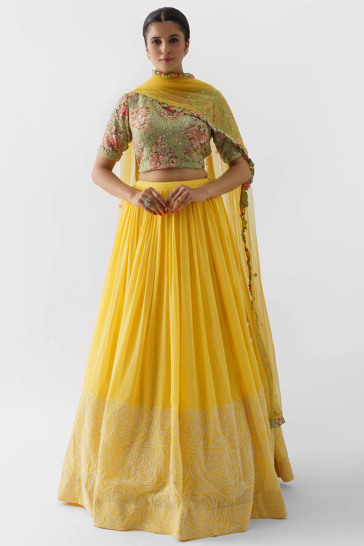 Emerald And Sunflower Mustard Green Dress For Wedding Yellow Hand  Embroidered Wedding Lehenga Set By Suruchi