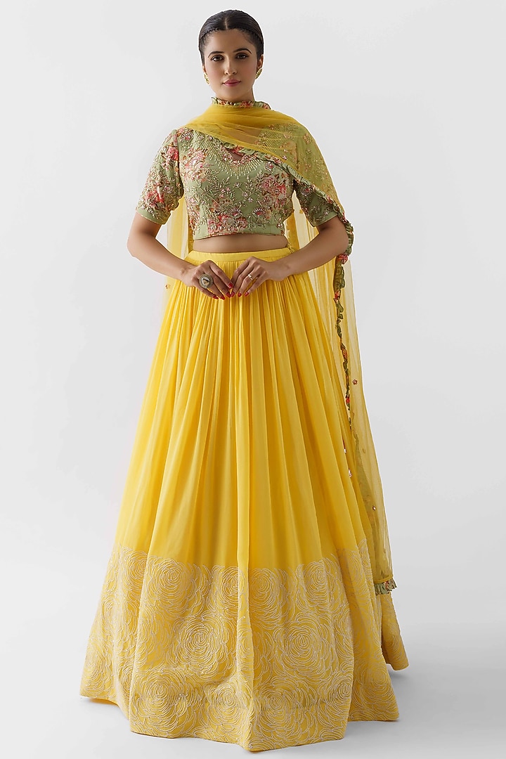 Yellow Hand Embroidered Wedding Lehenga Set by Suruchi Parakh at Pernia's Pop Up Shop