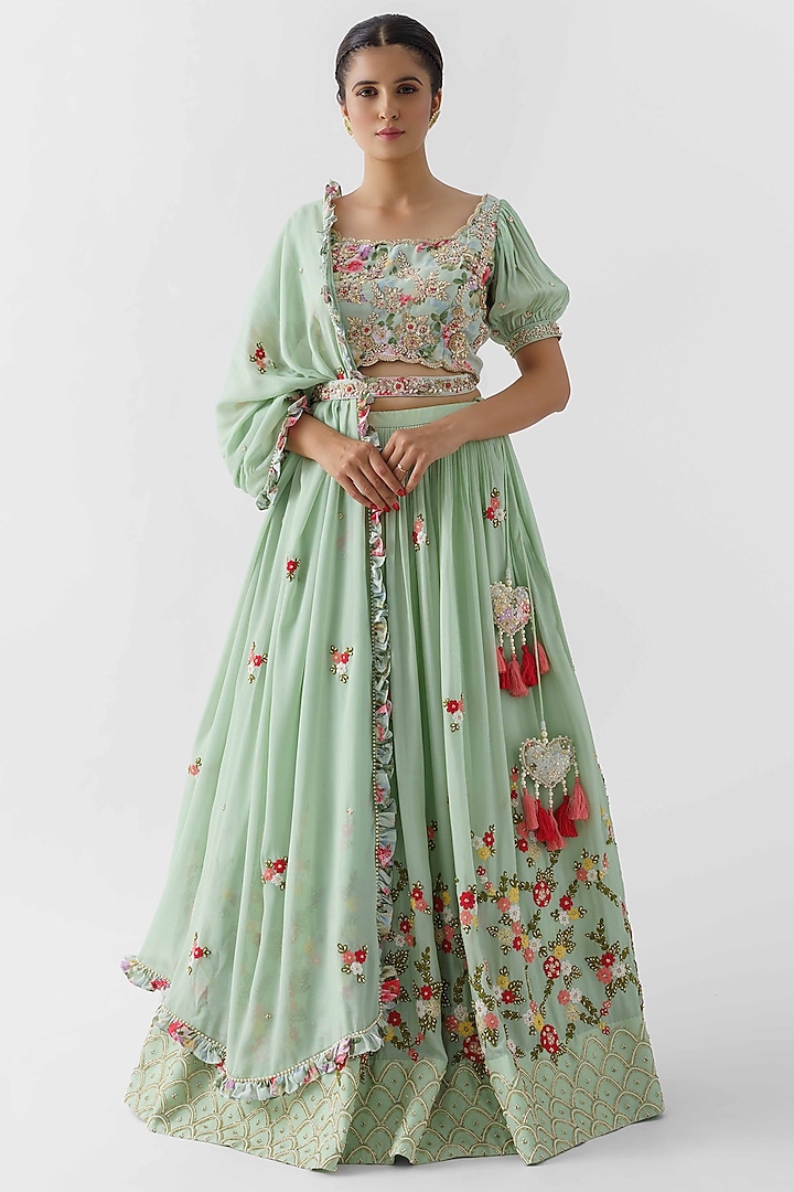 Sea Green Pearl Embroidered Wedding Lehenga Set by Suruchi Parakh at Pernia's Pop Up Shop