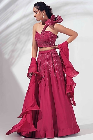 Dark Pink Georgette Crepe Lehenga Set by Suruchi Parakh