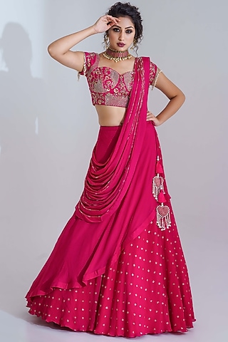 Fuchsia Embroidered Layered Lehenga Set by Suruchi Parakh