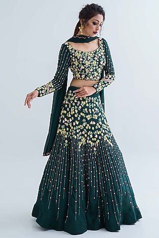 Green Georgette Crepe Lehenga Set by Suruchi Parakh