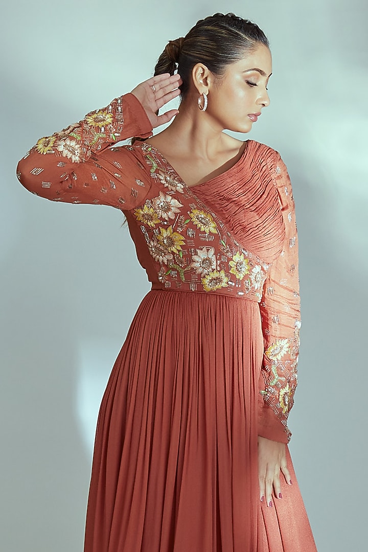 Orange Embroidered Party Wear Gown by Suruchi Parakh at Pernia's Pop Up Shop