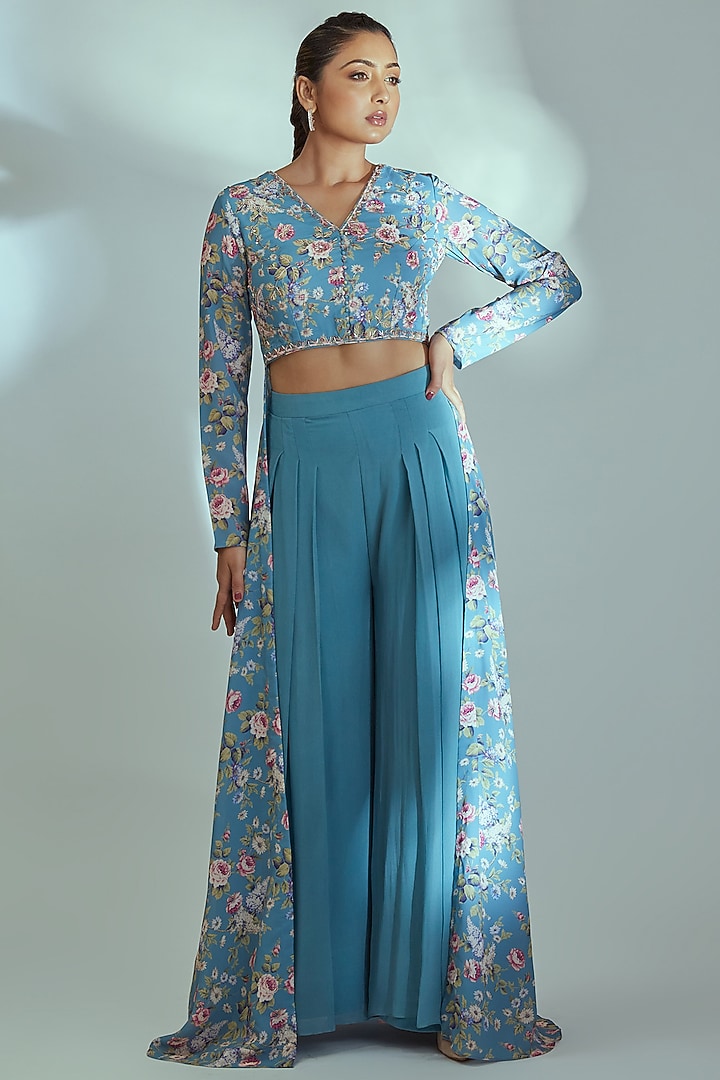 Blue Georgette & Crepe Pant Set by Suruchi Parakh at Pernia's Pop Up Shop