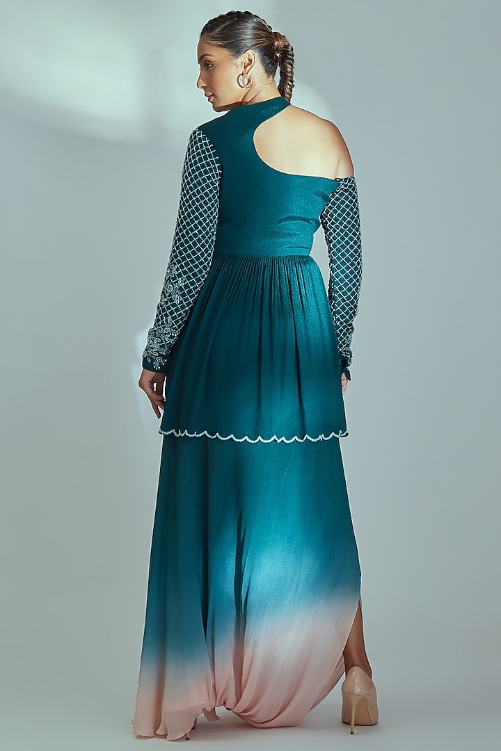 Green Crepe Draped Skirt Set by Suruchi Parakh at Pernia's Pop Up Shop