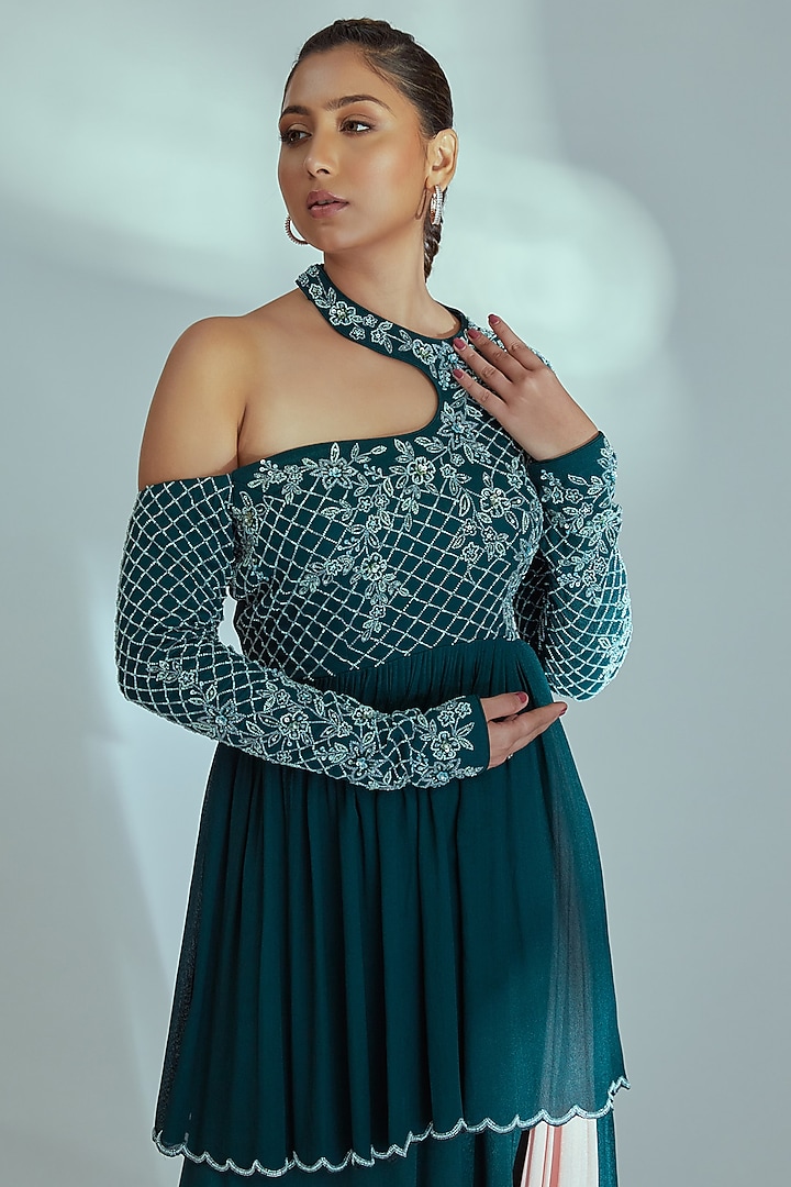Green Crepe Draped Skirt Set by Suruchi Parakh at Pernia's Pop Up Shop