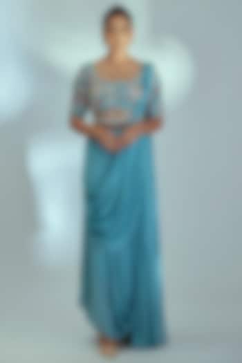 Blue Georgette Pre-Draped Saree Set by Suruchi Parakh