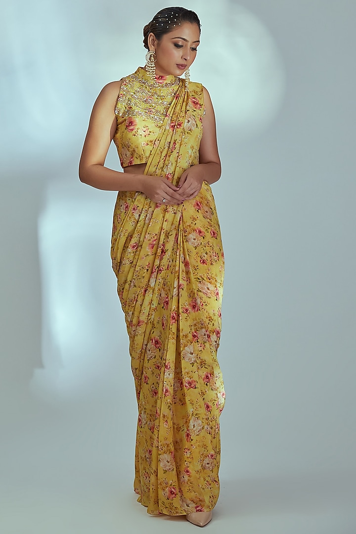 Yellow Crepe Pre-Pleated Saree Set by Suruchi Parakh
