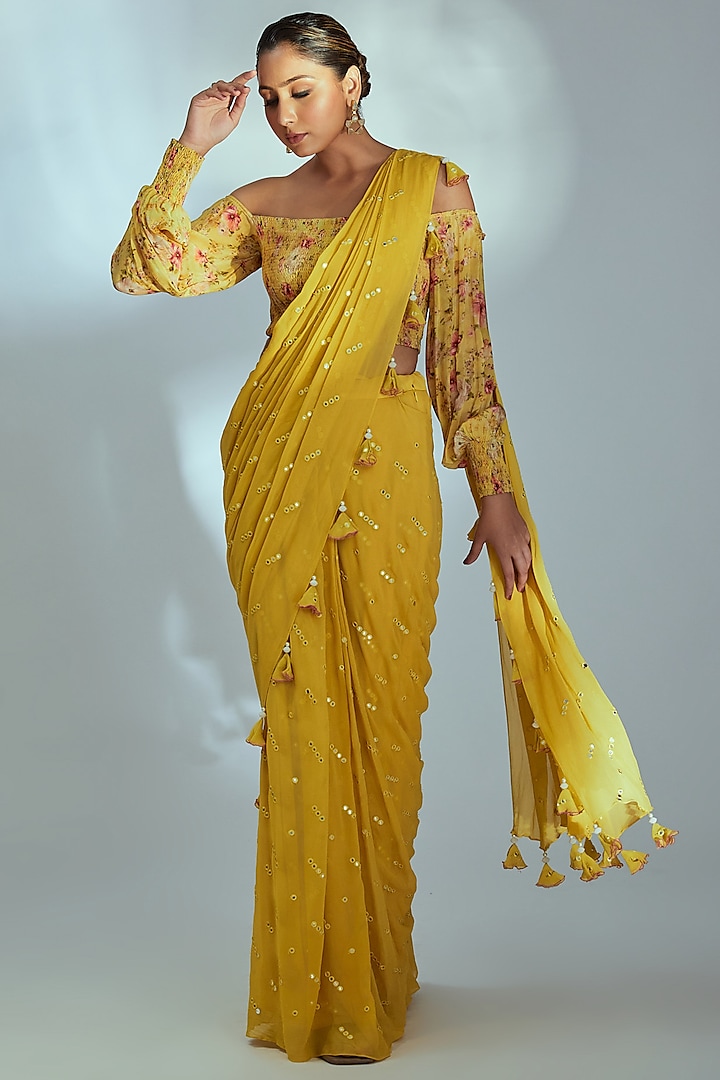 Yellow Embroidered Pre-Draped Saree Set by Suruchi Parakh