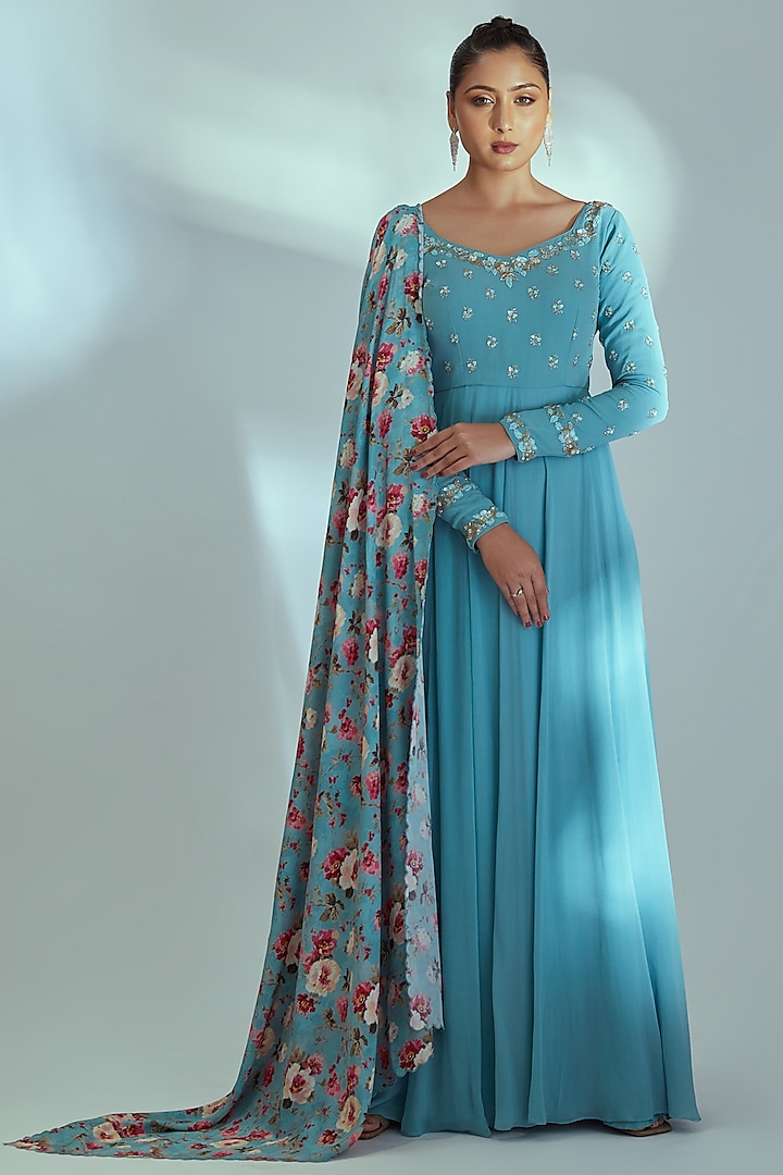 Blue Hand Embroidered Anarkali Set by Suruchi Parakh