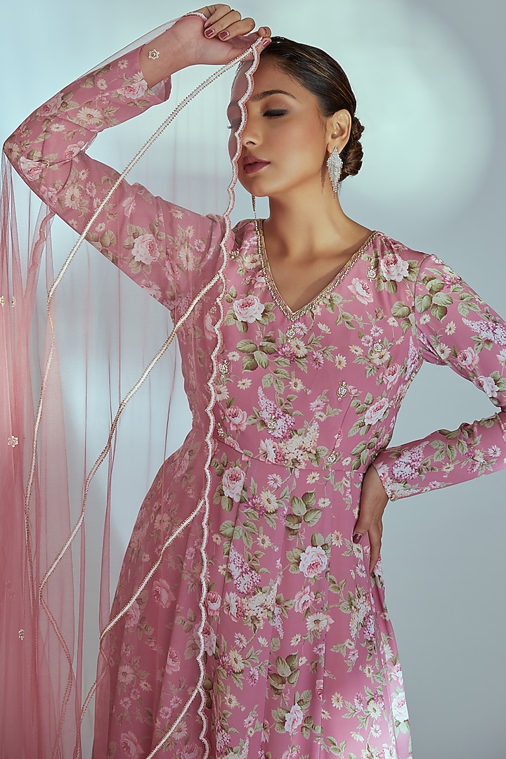 Pink Printed Party Wear Anarkali Set by Suruchi Parakh at Pernia's Pop Up Shop