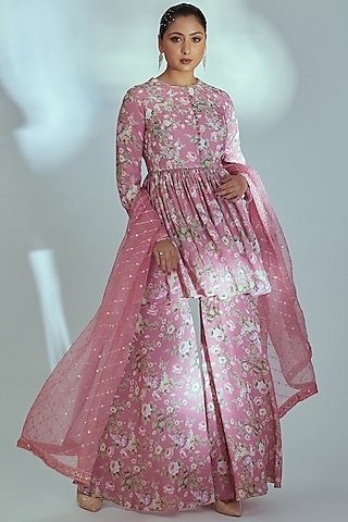 Pink Georgette Printed Anarkali Set by Suruchi Parakh