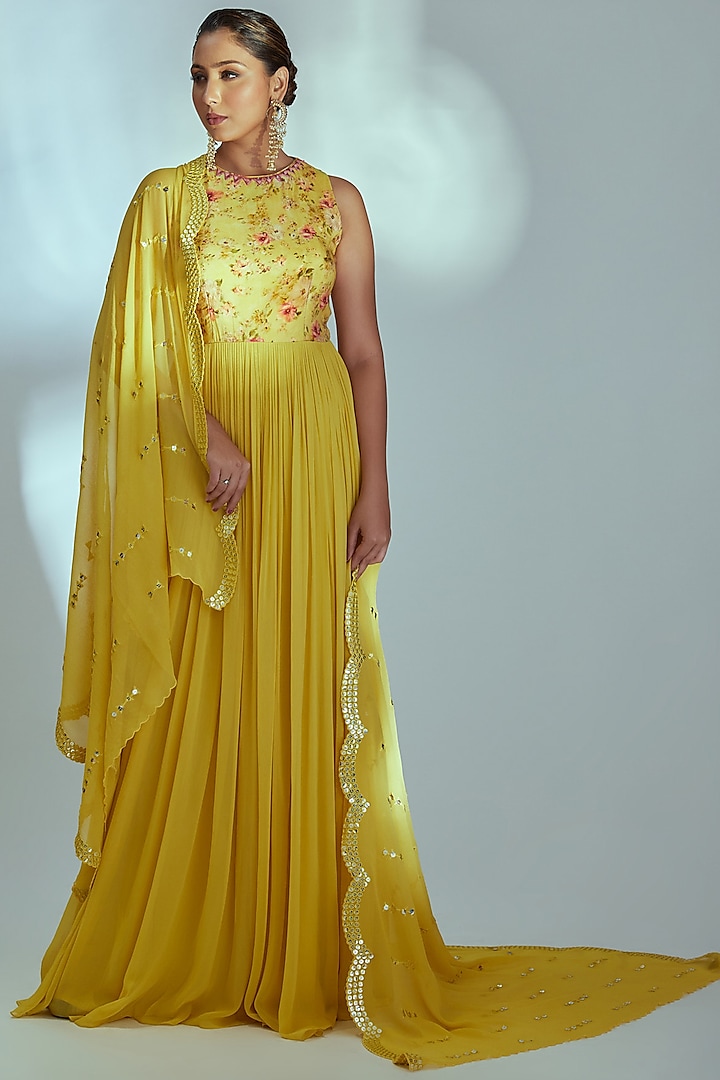 Yellow Georgette Anarkali Set by Suruchi Parakh