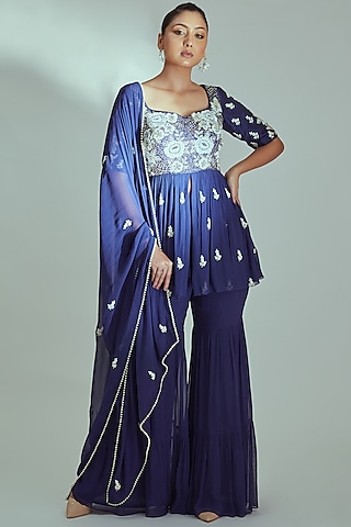 Blue Georgette & Tussar Silk Sharara Set by Suruchi Parakh