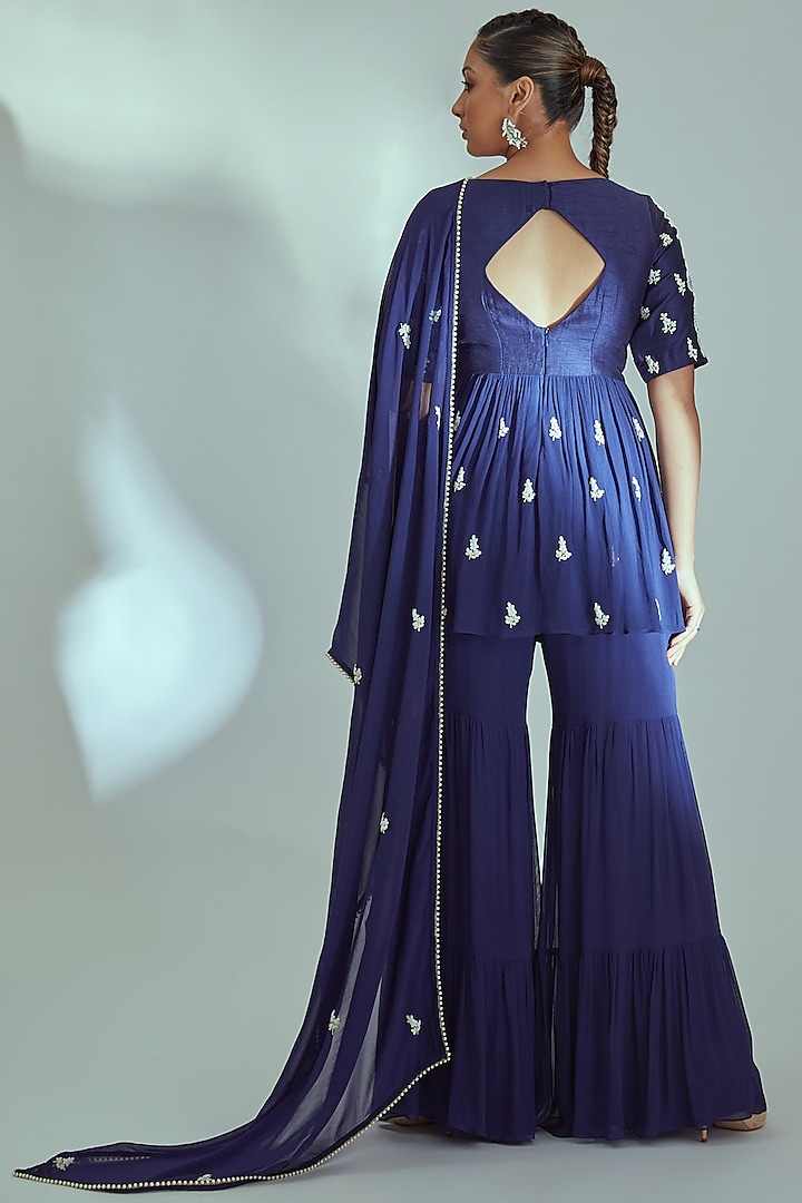 Blue Georgette & Tussar Silk Wedding Sharara Set by Suruchi Parakh at Pernia's Pop Up Shop