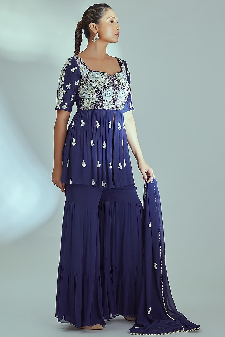 Blue Georgette & Tussar Silk Wedding Sharara Set by Suruchi Parakh at Pernia's Pop Up Shop