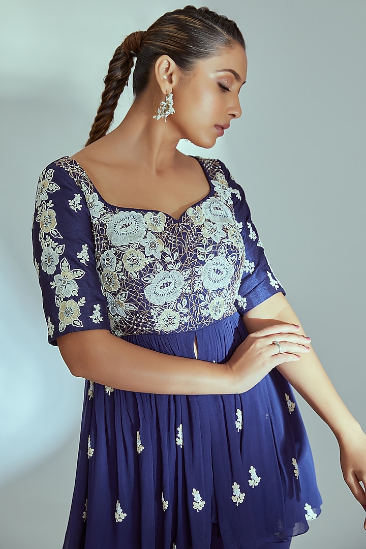 Blue Georgette & Tussar Silk Wedding Sharara Set by Suruchi Parakh at Pernia's Pop Up Shop