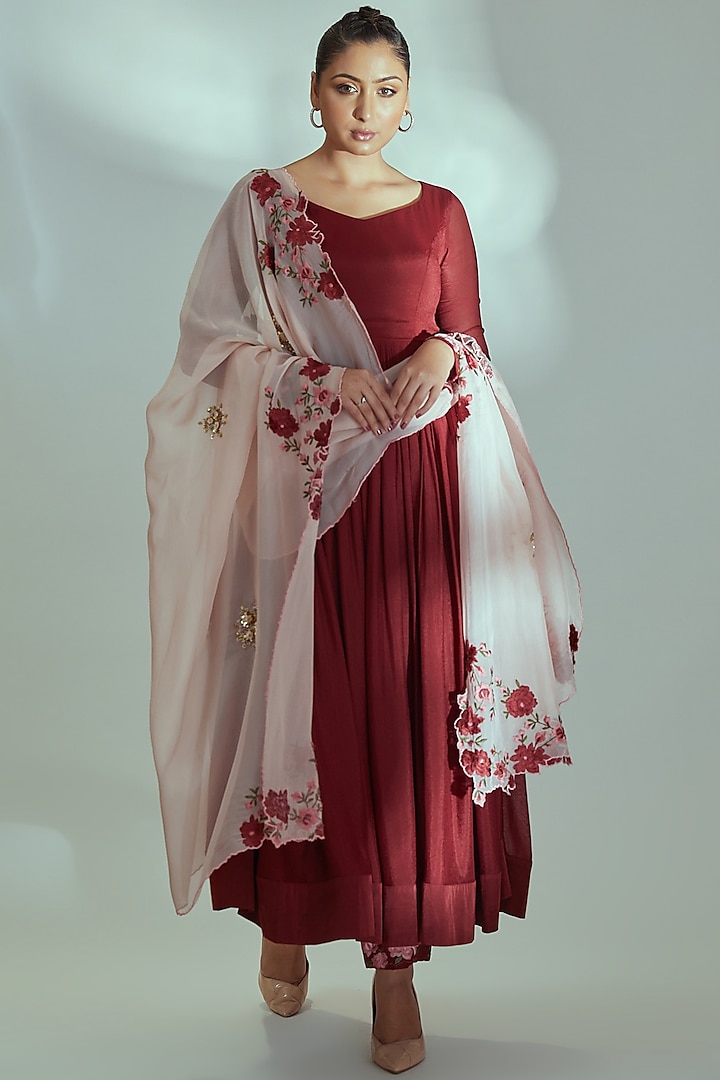 Maroon Georgette Wedding Anarkali Set by Suruchi Parakh at Pernia's Pop Up Shop