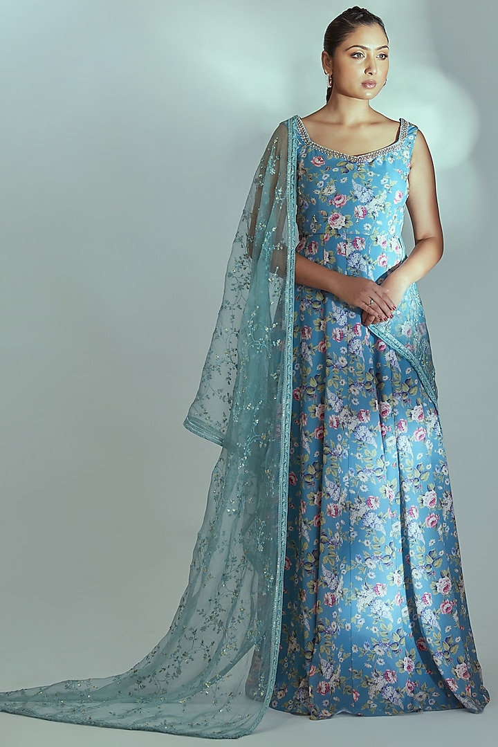 Blue Printed Anarkali Set by Suruchi Parakh at Pernia's Pop Up Shop