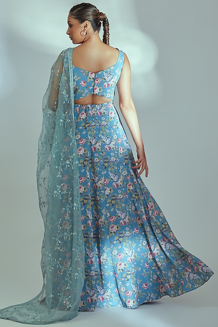 Blue Printed Party Wear Anarkali Set by Suruchi Parakh at Pernia's Pop Up Shop