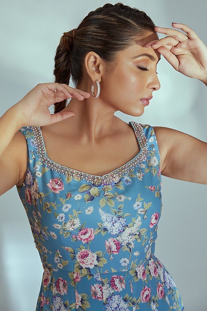 Blue Printed Party Wear Anarkali Set by Suruchi Parakh at Pernia's Pop Up Shop