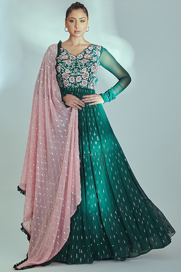 Green Embroidered Wedding Anarkali Set by Suruchi Parakh at Pernia's Pop Up Shop