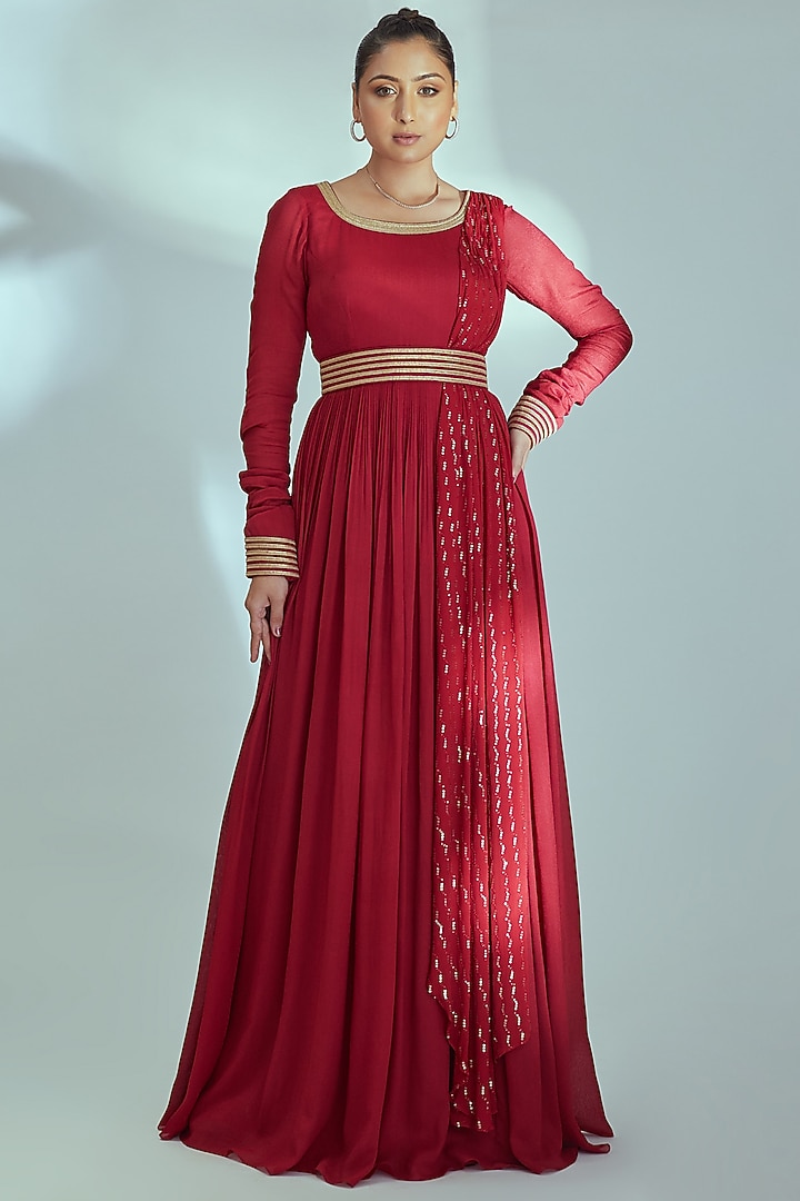 Red Georgette Crepe Party Wear Anarkali by Suruchi Parakh at Pernia's Pop Up Shop
