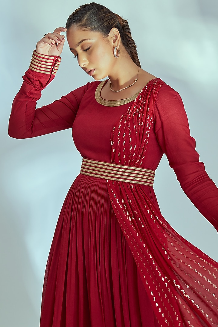 Red Georgette Crepe Party Wear Anarkali by Suruchi Parakh at Pernia's Pop Up Shop