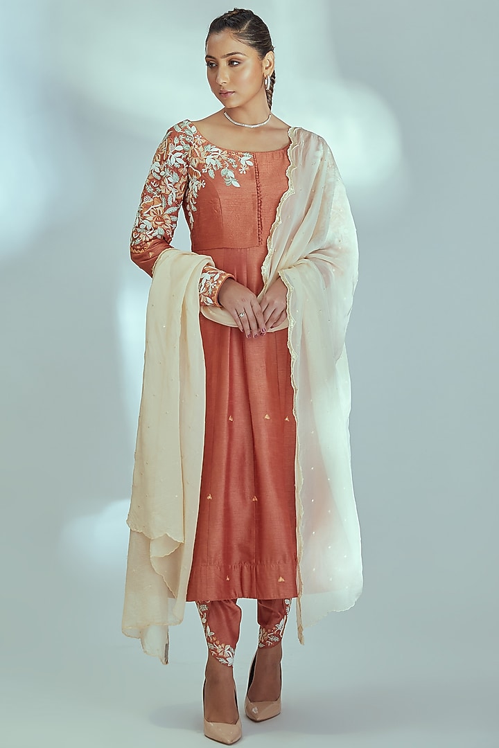 Orange Tussar Silk Party Wear Anarkali Set by Suruchi Parakh at Pernia's Pop Up Shop