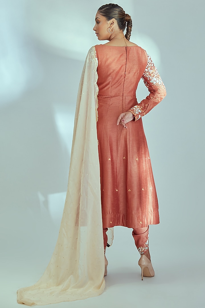 Orange Tussar Silk Party Wear Anarkali Set by Suruchi Parakh at Pernia's Pop Up Shop