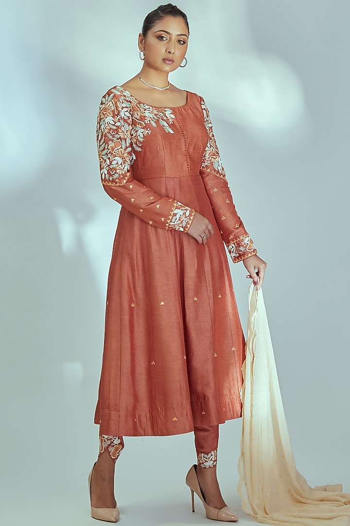 Orange Tussar Silk Party Wear Anarkali Set by Suruchi Parakh at Pernia's Pop Up Shop