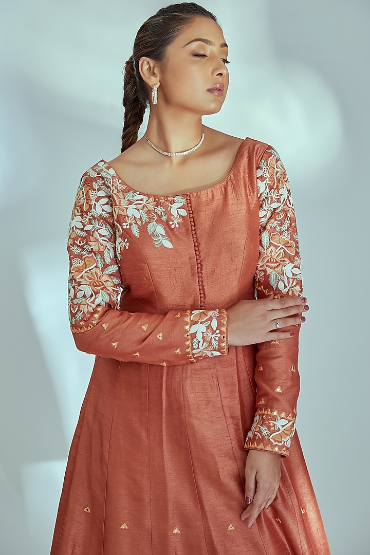 Orange Tussar Silk Party Wear Anarkali Set by Suruchi Parakh at Pernia's Pop Up Shop