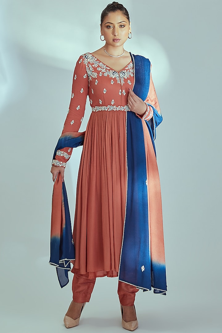 Orange Embroidered Anarkali Set by Suruchi Parakh at Pernia's Pop Up Shop