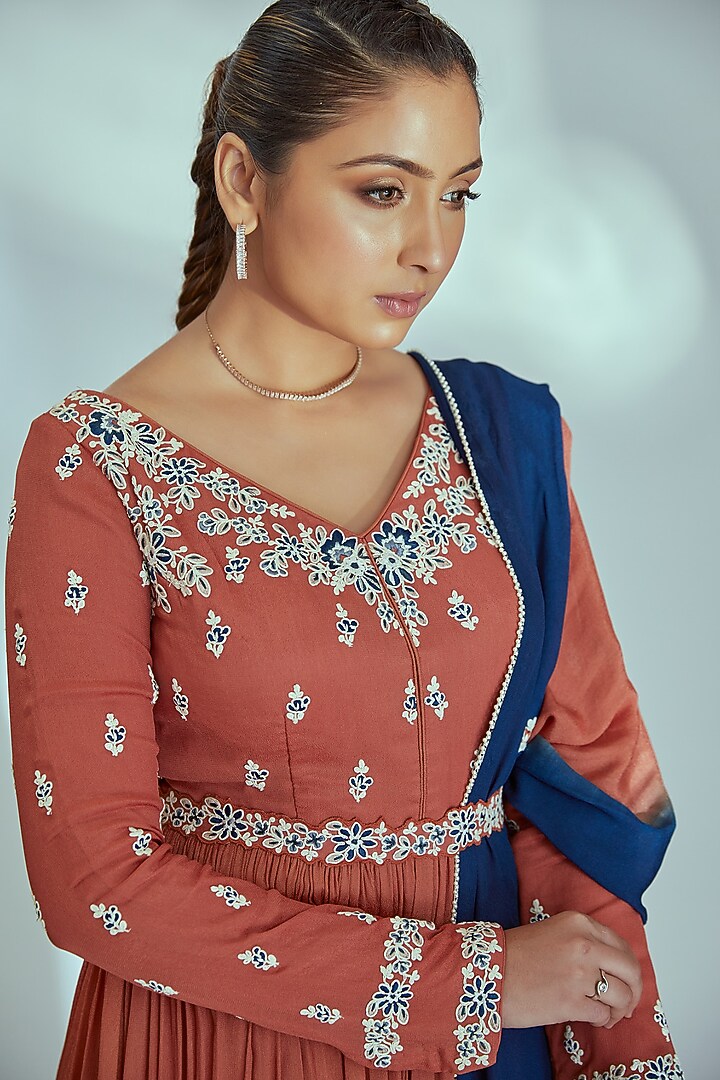 Orange Embroidered Party Wear Anarkali Set by Suruchi Parakh at Pernia's Pop Up Shop