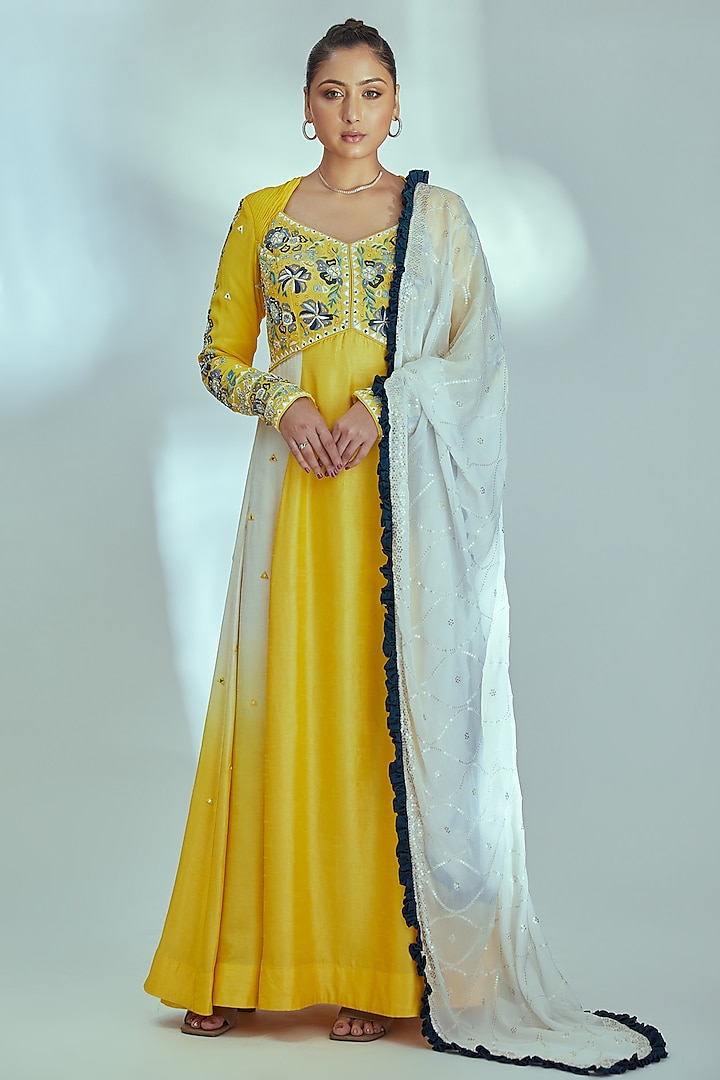 Yellow Georgette Crepe Anarkali Set by Suruchi Parakh