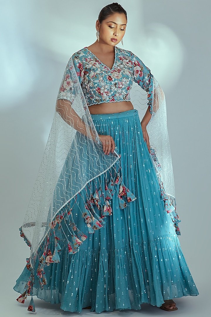 Blue Mirror Embroidered Lehenga Set Design by Suruchi Parakh at Pernia's Pop Up Shop 2023