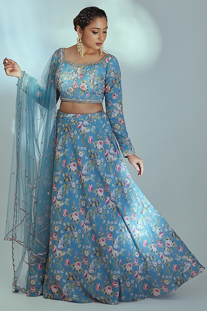 Blue Floral Printed Wedding Lehenga Set by Suruchi Parakh at Pernia's Pop Up Shop