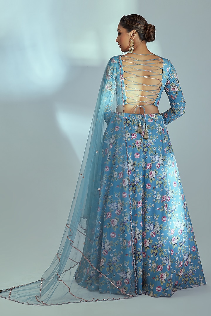 Blue Floral Printed Wedding Lehenga Set by Suruchi Parakh at Pernia's Pop Up Shop