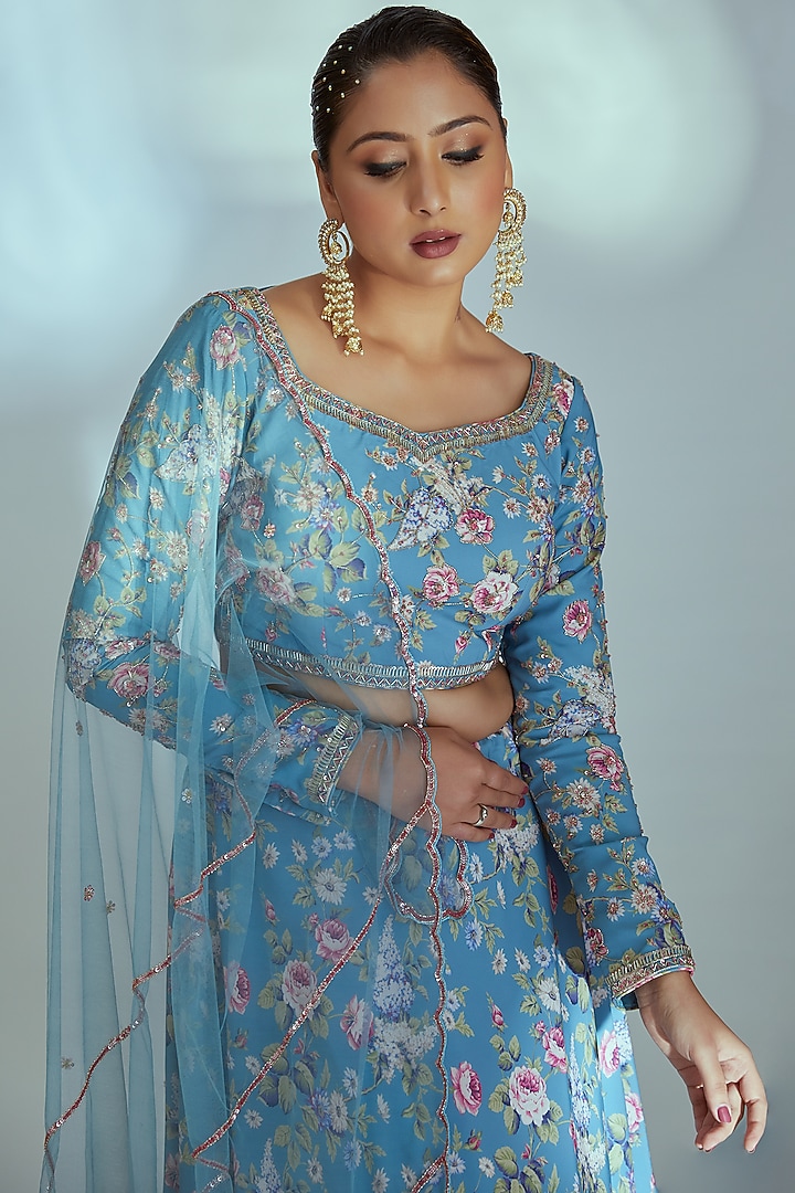 Blue Floral Printed Wedding Lehenga Set by Suruchi Parakh at Pernia's Pop Up Shop